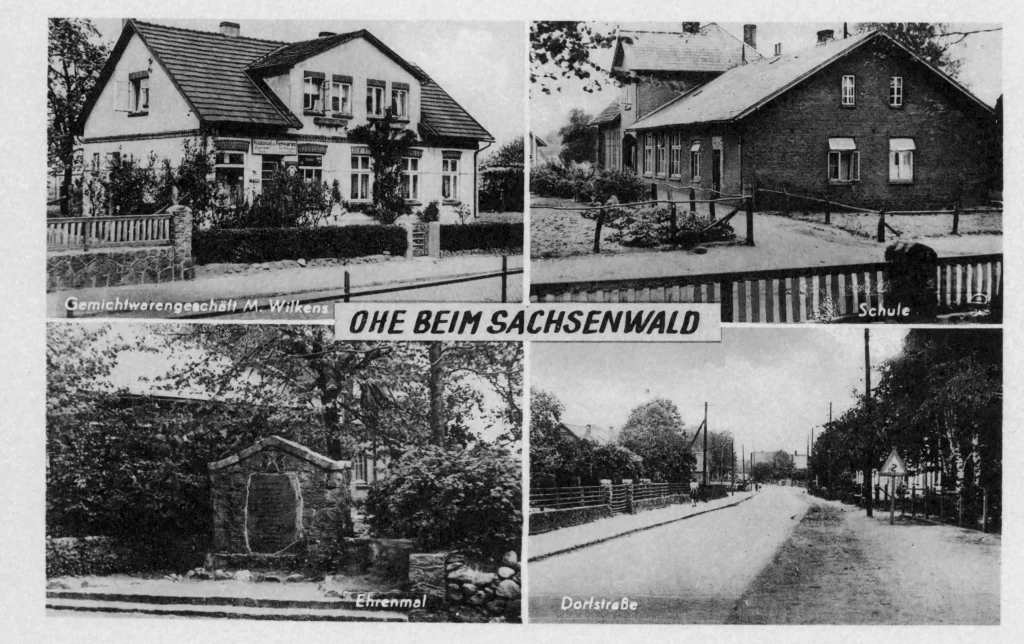 Alte Postkarte mit Gebäuden aus Ohe in schwarz-weiß.