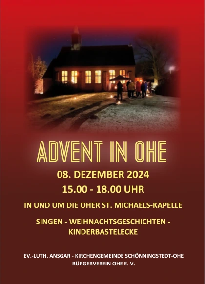 Flyer in dunkelrot mit der beleuchteten Kirche zur Ankündigung der Veranstaltung.
